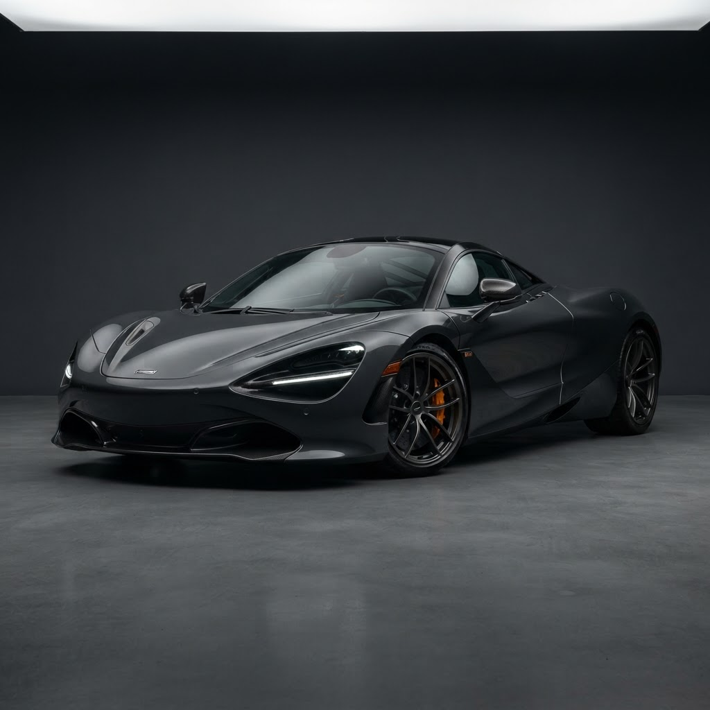 Supercar in a studio in an untouched moderate-gloss factory black finish