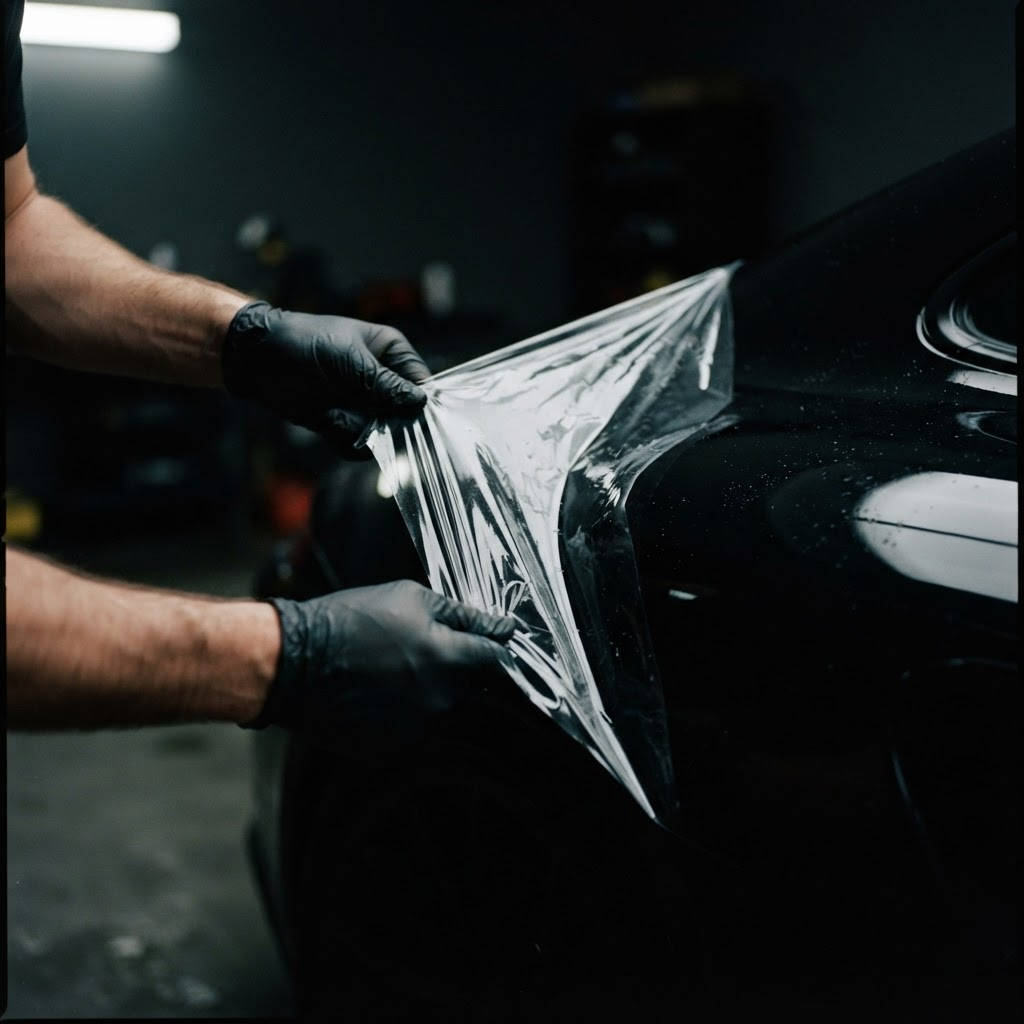 Hands peeling transparent protective film off a car