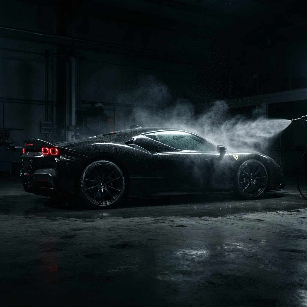 Black exotic sports car being coated with LIQVIX liquid paint protection