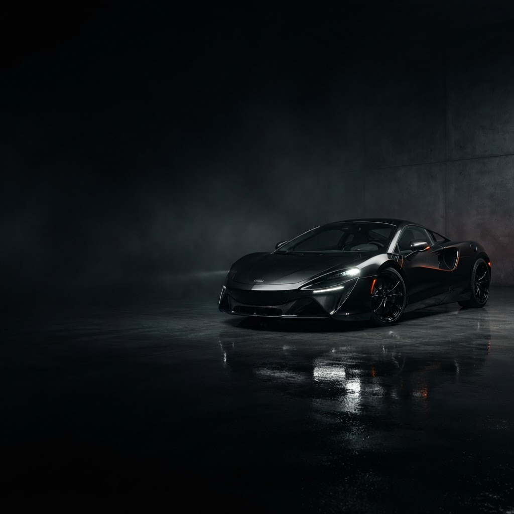 Black exotic supercar emerging from a dark studio, coated in a deep glossy LIQVIX finish