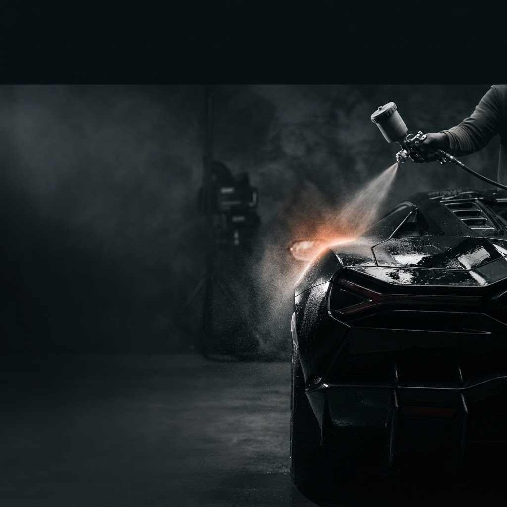 Liquid LIQVIX protection being sprayed onto the glossy black panel of a supercar in a studio
