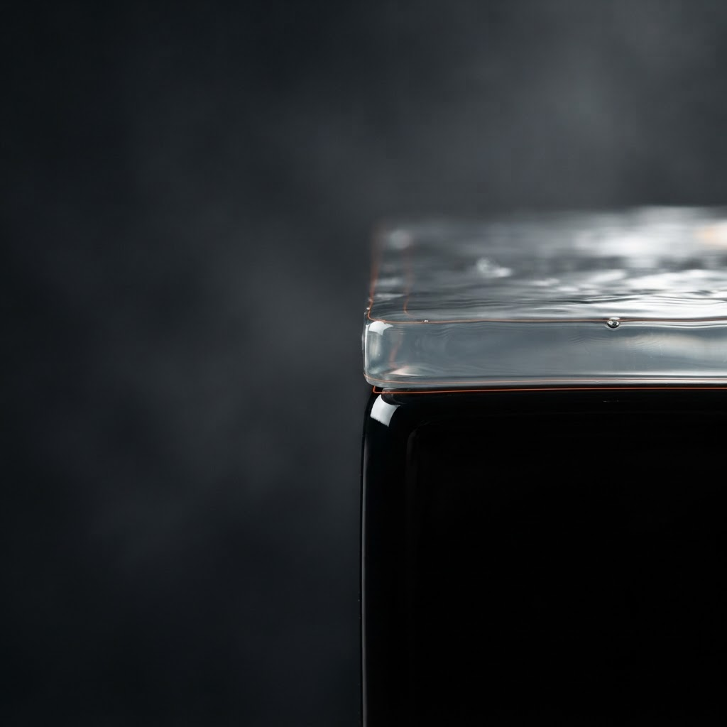 Macro view of a translucent LIQVIX protective layer resting above deep black factory paint
