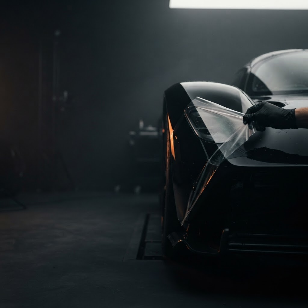 A section of LIQVIX protection peeled back from a black supercar, revealing flawless factory paint