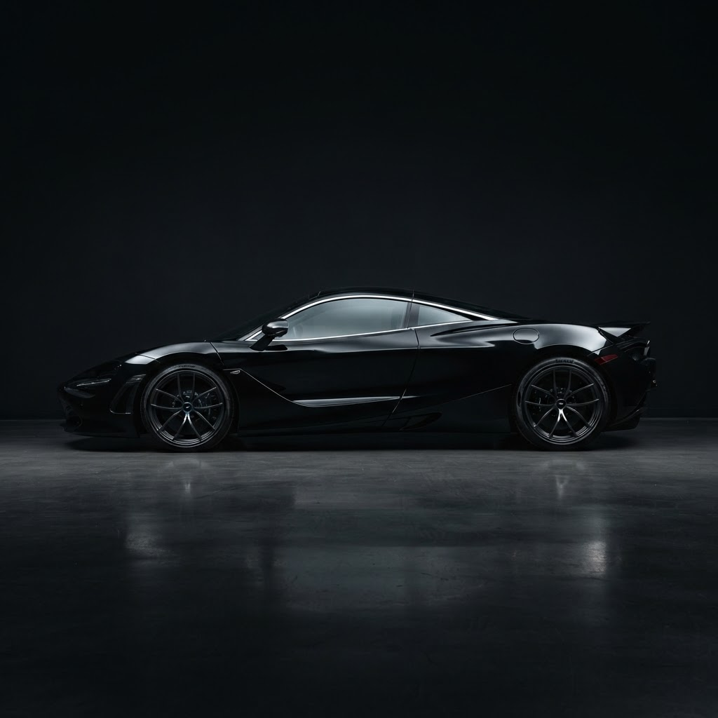 Side profile of a black sports car with protected body panels highlighted
